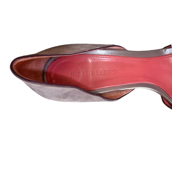 RARE JUDITH LEIBER VIOLET SUEDE & LEATHER JEWEL/FRINGE OPEN TOE HEELS, sz 10B - Picture 4 of 14